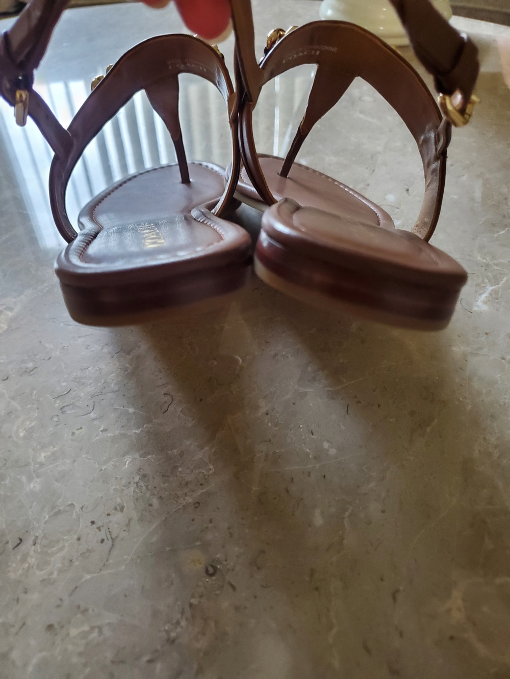 COACH Brown Leather T-Strap Sandals with Gold Accent - Picture 6 of 7